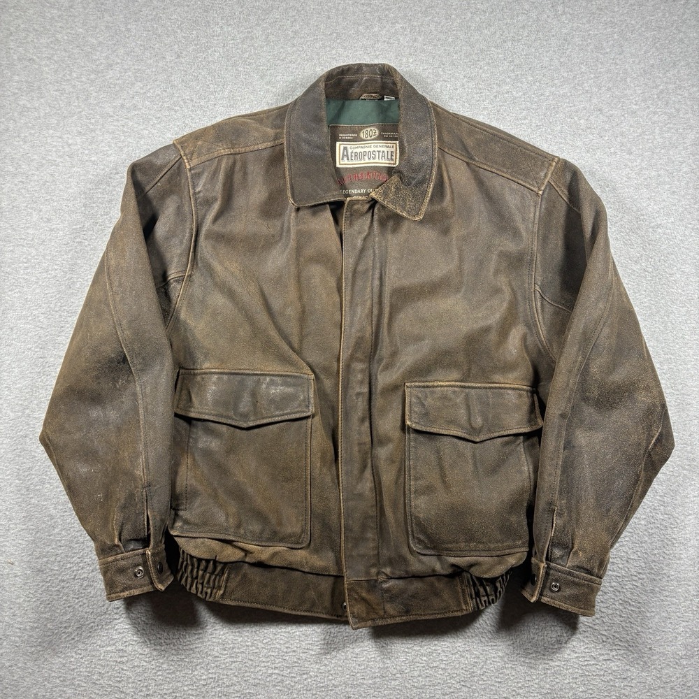 Vtg 80s Aeropostale A2 Brown Leather Flight Bomber Jacket Mens XL Made In Korea